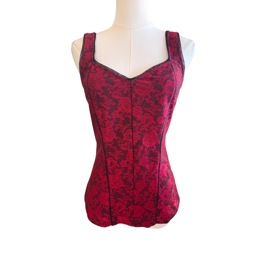 White House Black Market Red Black Floral Lace Corset Style Tank Top Small